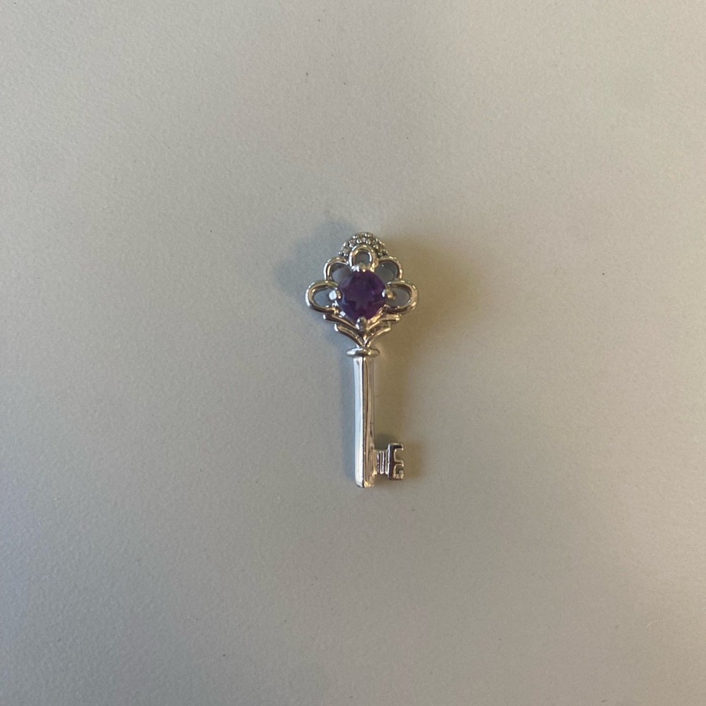 Sterling Silver Natural Amethyst Skeleton Key to My Heart Charm Pendant